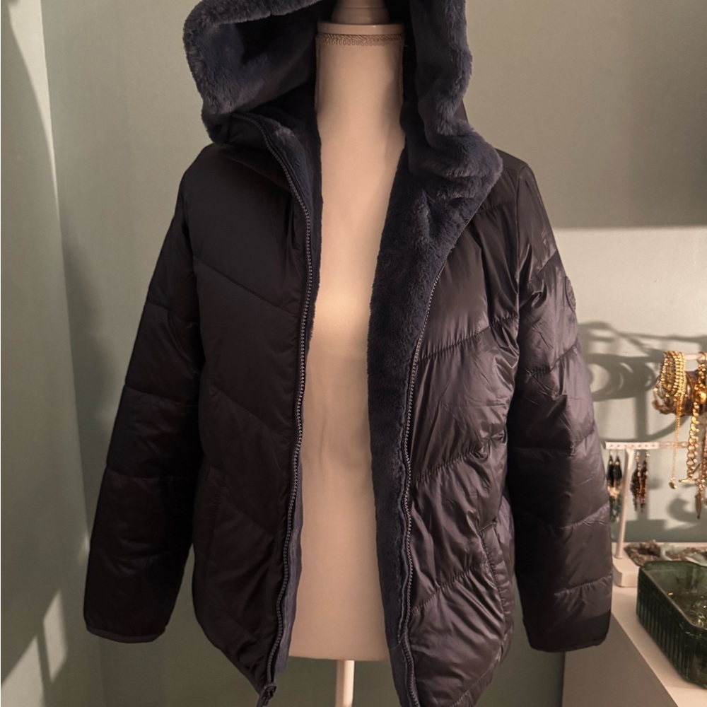 Abercrombie Kids Navy Blue reversible Fur Lined Hooded Jacket 15 16 XS NWOT